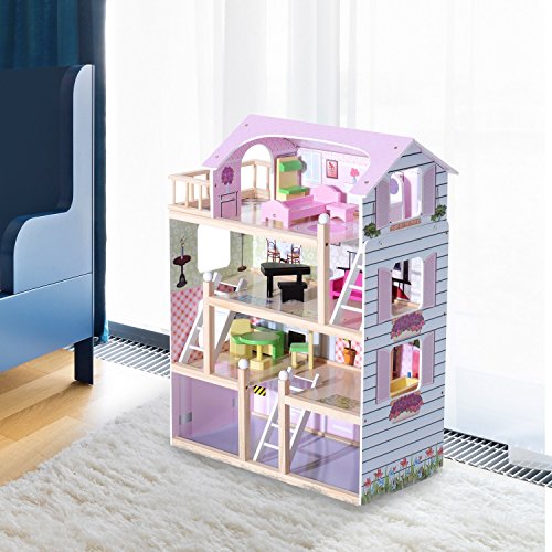Casa de Muñecas con Muebles Mobiliario Casita Muñeca Jueguetes Madera Color Rosa