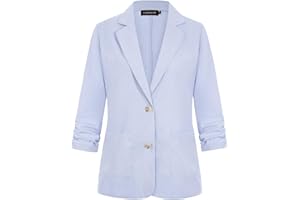 LADI TREND Womens 3/4 Ruched Sleeve Cotton Linen Blazer Lightweight Summer Outerwear Elegant Jackets Suits with Buttons Pockets