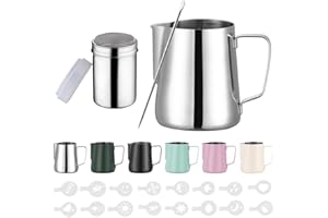 Zuquik 350ml Milchkännchen Edelstahl, Milchkanne Barista mit Messung Mark 12oz,Milchschaumkännchen mit Kakaostreuer, 16 Latte Art Schablonen & Pen für Cappuccino und Espresso, Edelstahl