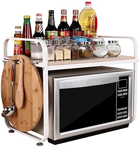 White Steel 2-Tier D14.6" W23.2" H18.5" Microwave Oven Storage Rack Kitchen Tableware Shelves Counter and Cabinet Shelf with 8 Side Hooks WJG6047-2WH