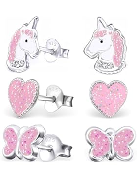 GH1a 3 PAAR Glitzer Ohrstecker Einhorn + Herz + Schmetterling 925 Echt Silber Mädchen Kinder Ohrringe