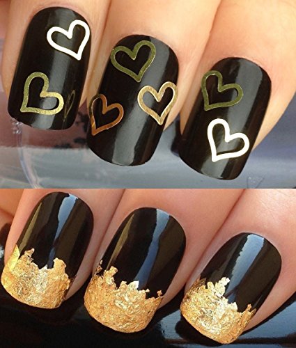 NAIL ART SET #538. A PACK OF x20 3D DECORATIONS & A LARGE GOLD LEAF SHEET FOR CUSTOM DESIGNED NAILS! GORGEOUS PRETTY DELICATE METALLIC GOLD LOVE HEARTS 3D NAIL ART SHAPES FLEXABLE CONFETTI DIE CUT DECORATIONS FLEXIBLE ALLOYS DECALS & STUNNING 24KT GLIZZY GOLD LEAF FOR FULL HOLLYWOOD NAILS! ALL CAN BE USED WITH NATURAL GEL ACRYLIC STICK ON NAILS!