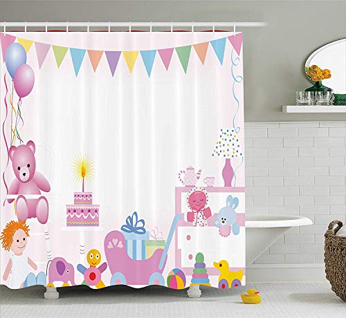 ZHIZIQIU Birthday Decorations for Kids Shower Curtain, Baby Girl Birthday Celebraiton Party with Flags Bears Toys, Fabric Bathroom Decor Set with Hooks, 60x72 Inches, Light Pink