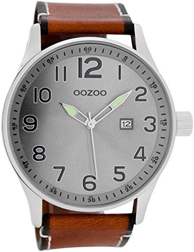 Oozoo Herrenuhr mit Lederband 48 MM Datum Silbergrau/Rotbraun C7042 Oozoo Herrenuhr mit Lederband 48 MM Datum Silbergrau/Rotbraun C7042