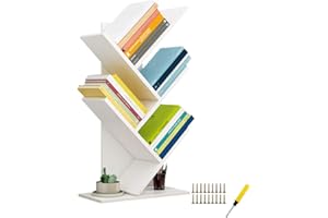 QUMENEY Tree Bookshelf, Wood Book Tower, 5-Shelf Bookcase - Premium Books/CDs/Albums/Files Holder, Display Storage Rack Organizer Shelves for Home, Office (White)