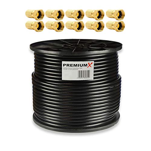 100m Cable coaxial SAT Cable de antena ACERO / COBRE cable coaxial negro 135dB blindado de 4 vías para sistemas DVB-S / S2 DVB-C y DVB-T BK + 10 conectores F de alta calidad