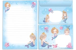 JUNAPACK Girls Stationery Set Mermaid Letter Pad with Envelope for Kids (A5 Pad with 25 Sheets + 15 Envelopes)