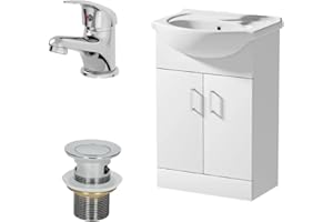 Affine® 560mm Bathroom Vanity Unit Ceramic Sink Floorstanding Storage Cabinet Cupboard & Essentials Basin Tap & Waste Set, White Gloss
