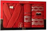100% algodón. Pierre Cardin M/L Rojo/Plata oleadas 4 Piezas Albornoz y Toalla Juego, Jacquard, Color Rojo Escarlata Brillante - 100% algodón Funda Albornoz, Toalla para Invitados, Toalla de baño, Toallas de baño