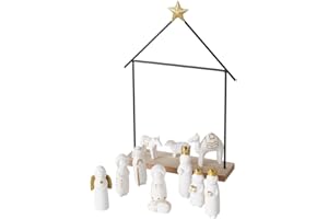 RiloStore 32x22cm Tischkrippe mit Figuren 12 TLG. Krippe Natur b144 braun Weiss Gold Farben Deko Figuren Christus Jesus Weihnachtskrippe Kunstharz Weihnachten Geschenk Tischdeko Krippenfiguren