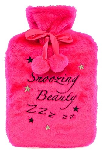 Snoozing Beauty Pink Embroidered Slogan Plush Faux Fur Pom Pom 2L Hot Water Bottle
