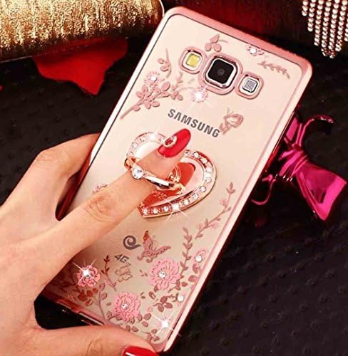 FESELE Galaxy J7(2016) Case,Galaxy J7(2016) Silicone Case,Pink Flower Luxury Crystal Rhinestone Plating Frame Soft TPU Rubber Bumper Case Ultra-slim Bling Diamond Glitter Back Case with Love Heart Ring Kickstand for Samsung Galaxy J7(2016) + 1 x Blue Stylus Pen - Rose Gold
