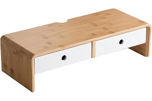 2 Tier Wooden Monitor Stand with Drawers, Desk Riser with Cable Management, Space-Saving Desktop Organizer for Home Office, Multi-Layer Computer Shelf with Storage Drawer, Mixed White