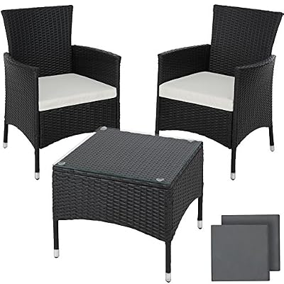 TecTake Poly rotin set de jardin | 2 chaises et petite table à plateau en verre | Châssis robuste en acier - diverses couleurs au choix - (Noir | No. 402862)