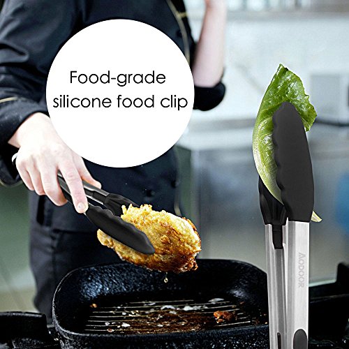 Ploopy Silikon Küchenzange, Edelstahl Silikon Zange, 2er Set Küchenzange, Perfekter küchenhelfer zum kochen, Grill, Aufback-Brötchen und vieles mehr ( 9’’+12’’ Schwarz ) - 7
