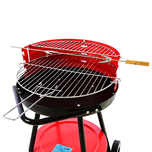Nexos Rundgrill mit Ablage Grillwagen BBQ Grill Holzkohlegrill rot 70 x 40 cm Bratenspieß Windschutz Spritzschutz Räder Outdoor Terrasse Garten Balkon Standgrill freistehend Rost - 2
