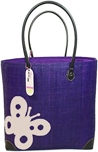 Raffia Basket in Purple With Embroidered Butterfly Design & Drawstring Closure. Perfect Beach Bag, Shopping Bag or Day Tote Bag