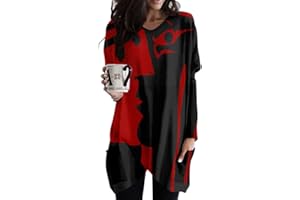 Minetom Langarmshirt Damen V-Ausschnitt Druck Lose Langarm Oberteile Oversize Lang Sweatshirt Tops Asymmetrisch Saum Jumper Pullover Mit Taschen