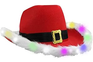 COKEEY Light Up Christmas Feather Hat with LED Flashing, Cowboy Red Santa Clause Western Holiday Hat,Christmas Costume Decorations Christmas Gifts for Women Men