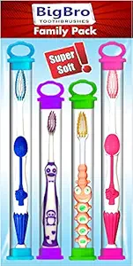 BigBro Toothbrushes 2 Adult + 2 Kids Extra soft bristles with Covers- Super Saver Family pack of 4