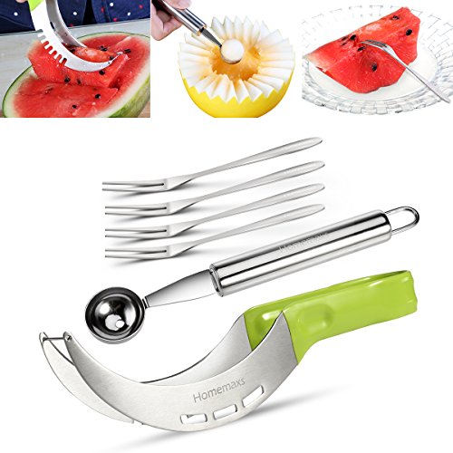 OULII Wassermelonen-Schneider mit Melonen-Ausstecher und 4 Obst-Gabeln aus Edelstahl 304