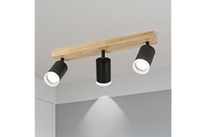 FORCOSO Ceiling Lights Wood Spotlight, 3 Way Spot Lights 350°Adjustable, GU10 Black Light Shade Metal Light Fittings Anti-Glare, Industrial Wall Ceiling Lamp for Kitchen Living Room Hallway Bedroom