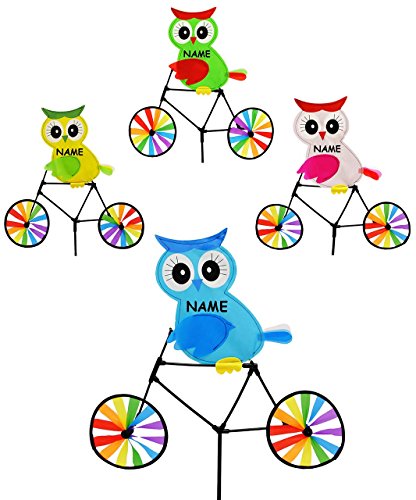 1 Stück _ Windrad / Windspiel - ' Eule mit Fahrrad - bunt ' - incl. Name - Gartenspieß - für Garten & Balkon - Windrichtungsanzeiger - Windmühle & Windräder - Wetterfest für Außen - Windspiele mit Spieß 85 cm - Vögel bunter / Fahrräder - lustige Eulen - Wetterhahn