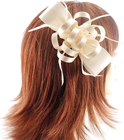 Stunning Satin Looped Bow Hair Fascinator with matching Feathers finished on Sprung Clip (Cream)