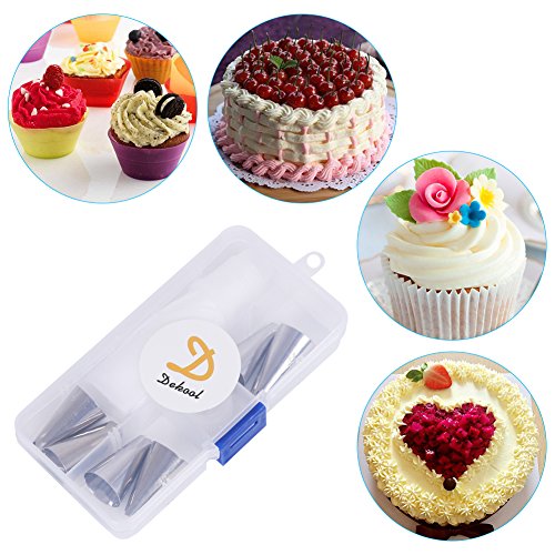 Dekool Kuchen Spritztüllen Set mit 6 Stücke Garniertülle und Spritzbeutel für Keksen, Plätzchen, Pralinen, Geburtstag Tortendeko und Torten Deko Decorating Tools aus Edelstahl - 6