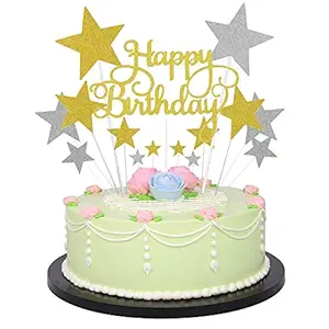 Party Propz Happy Birthday Cake Topper 14Pcs with Golden Silver Glitter and Stars Cupcake Toppers for Kids Boys Girls Adults 30th, 40th, 50th,60th Bday Decorations Items/ Cake Accessories,Cards,Tags