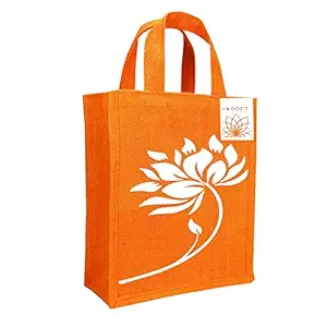 INDOZY Jute Bag for Lunch Tiffin & Gifting | for Men Women Girl boy Kid Office Daily use Handbag | with Zip & 2 Inside Pockets for Spoon/Fork/Tissue/Mobile & Water Bottle (Orange Lotus)