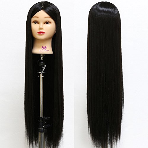 Neverland Beauty 30" Long Smooth 100% Synthetic Black Hair Hairdressing Equipment Styling Head Doll Mannequin Training Head Tools Braiding Cutting Student Practice Model with Clamp UK Stock