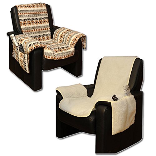 Sesselschoner Sesselüberwurf Sesselauflage Sesselbezug Polster kuschelweich in Lammflor-Optik – mit seitlichen Taschen – Natur - 2