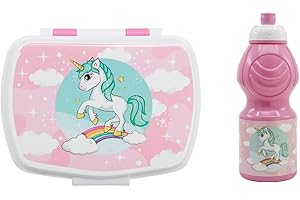 TJS THE JIREH STORE Pack Unicornio Juego de comedor escolar de 2 piezas para portameriendas y botella de plástico para niños o niños merienda Launch Box - Sandwichera Infantil y botella de agua.