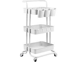 alvorog 3-Tier Rolling Cart, Storage Trolley on Wheels, ABS Storage Organiser Mesh Basket Shelf with Ergonomic Handles for Ba