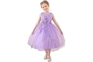 Lenefu Flower Girl Dress Toddler Formal Dress Birthday Party Wedding Floral Embroidered Tulle Satin Dresses for Kids 2-12Y