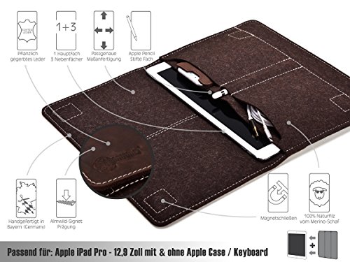 ALMWILD Apple iPad Pro 12.9 Zoll Hülle, Tasche . Aus echtem Rinds- Leder und 100% Woll- Filz. Case in Trüffel- Braun mit magnetischer Umschlagklappe aus Echt- Leder in Braun. In Bayern handgefertigt - 8