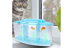 Hffheer Mini Aquarium DREI Divisionen Kleine Fische Zucht Isolation Box Acryl Fisch Garnelen Brutplatz mit LED-Licht und leuchtendem Wasser Gras(blau)
