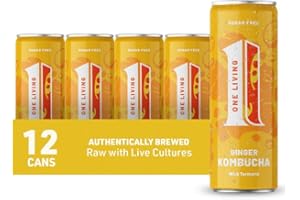 NO 1 LIVING One Living Kombucha Drink - Ginger with Turmeric - 12 x 250ml Cans - Sugar Free, Great Tasting Authentically Brewed Kombucha with Live Cultures - Lightly Sparkling, 100% Natural, Vegan