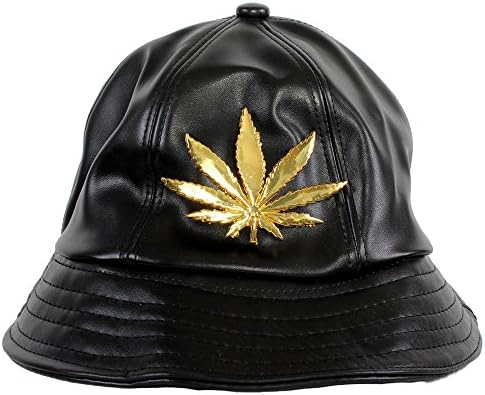 Faux Leather Kush Leaf Bucket Cap Hat Black