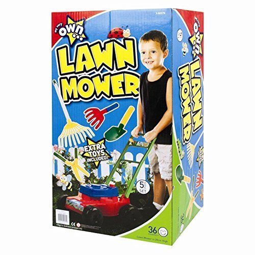 Kids Chidlren Lawnmower Garden Beach Toy 5 Piece Play Set Outdoor 28cm High Tools Fork, Rake, Trowel, Shears