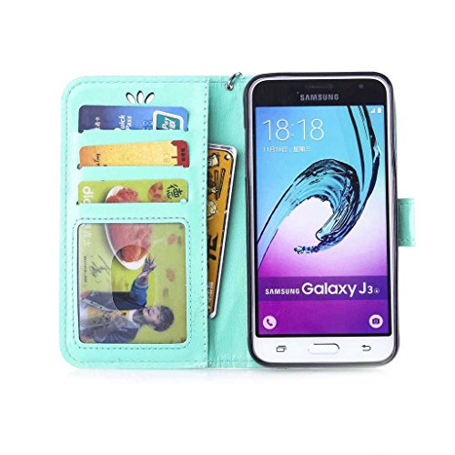 Galaxy J3 2016 Hülle Ledertasche [mit Frei Hartglas Displayschutzfolie], KKEIKO® Schutzhülle PU Leder Tasche Hülle Case für Samsung Galaxy J3 2016, Wickelfalz Handyhülle mit Bändselloch Standfunktion Karteneinschub und Magnetverschluss, Kratzfeste Lederhülle Flip Wallet (Schmetterling #1) - 4