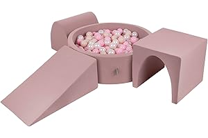 KiddyMoon Foam Playground For Kids With Round Ballpit (200 Balls ∅ 7Cm/2.75In) Soft Obstacles Course And Ball Pool, Heather: Pastel Beige/Powder Pink/Pearl