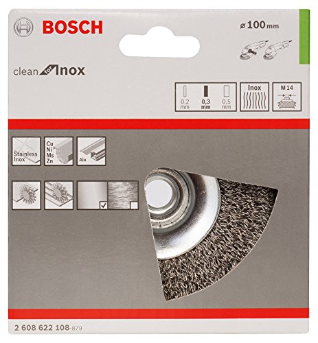 BOSCH Kegelbürste, gewellter Draht, rostfrei, 0,35 mm, 100 mm, 12500 U/min, M 14, 2608622108 - 2