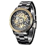 Gute Steampunk golden Lünette Automatische Mechanische Armbanduhr Mineral Glas schwarz Stahl
