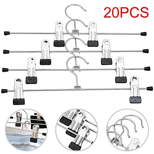 Yahee 20 Stück kleiderbügel Hosenbügel aus Metall rutschfest verstellbar, mit verschiebbaren Clips (Silber) - 7