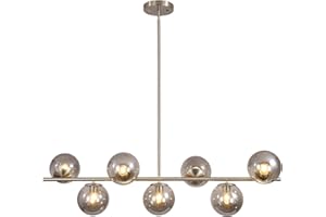 KCO Illuminazione Lampadario da cucina in nichel spazzolato a 7 luci stile moderno metà secolo, lampada a sospensione a globo in vetro grigio fumé, a soffitto con sfera rotonda