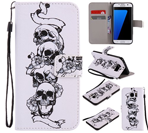 Feeltech Samsung Galaxy S7 Edge Hülle PU-Leder und Brieftasche Bunte Muster Fall mit Magnetverschluss, Hybrid-Kickstand mit Stand-Funktion, schlagen Sie schützende weiche TPU Stoßstangenabdeckung und Kreditkartenhalter für Samsung Galaxy S7 Edge Handgelenk Bügel-Buch-Art-Geldbeutel-Tasche mit 2 In 1 Berühren Sie Stift – Schädel - 8