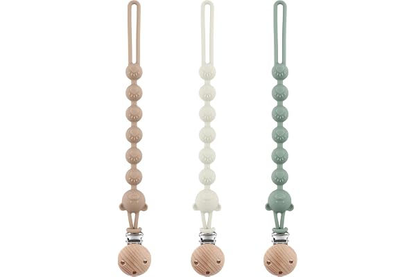 DOUUCO Lot de 3 Attache Tetine Silicone, Attache Sucette avec Une Seule Pièce Silicone, Accroche Tétine Bebe, sans BPA, pour Garçons et Filles Pacifier Chain Chaîne (Gris Clair + Vert + Kaki)