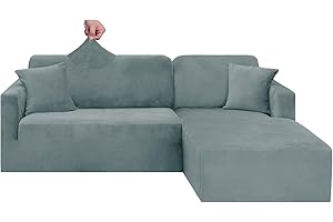 CHELZEN Velours Housse de Canapé Peninsula en Forme de L, 2 Pièces Housses de Canapé d'angle, Housse de Canapé pour Chaise Longue avec Deux Taies d'oreiller (2 Place+2 Place, Bleu Gris)